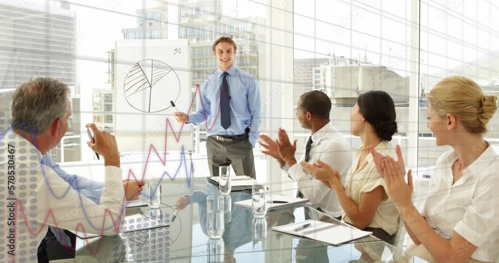 Poster animation of data processing over diverse colleagues clapping for caucasian businessman at office