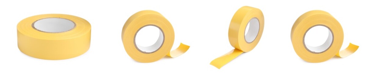Collage with yellow insulating tape on white background, different sides