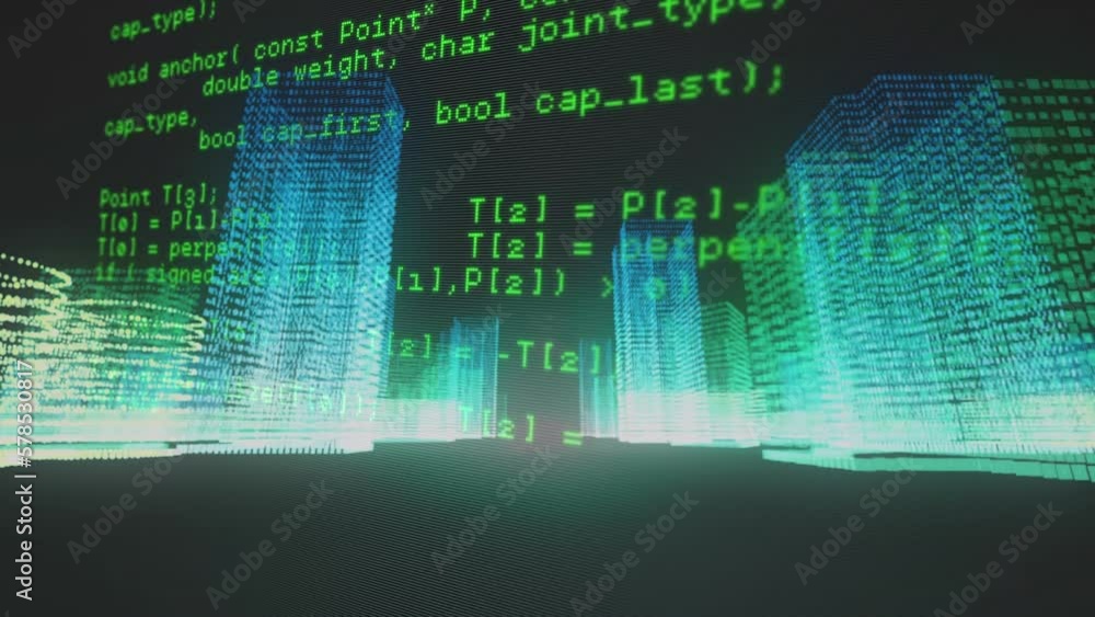 Aufkleber animation of data processing over glowing 3d city model in seamless pattern on black background