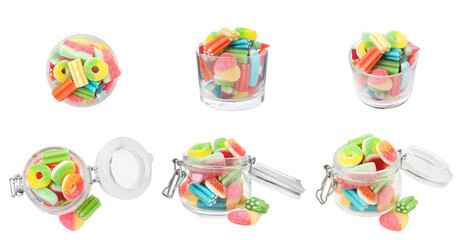 Collage with glass and jar of tasty jelly candies on white background, different sides
