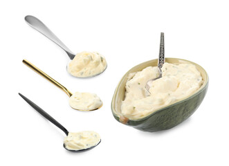 Collage with tartar sauce on white background