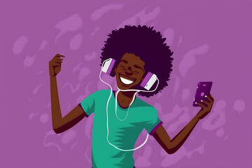 Flat vector illustration Happy generation Z african american man wearing headphones holding mobile phone and dancing, enjoying listening to online streaming music on mobile phone, isolated on light pu