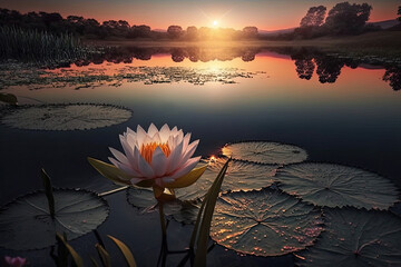 waterlily on the lake at sunset, generative AI