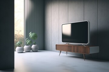 Television put on tv stand  wood table, in minimal empty spave room background white wall AI Generative

