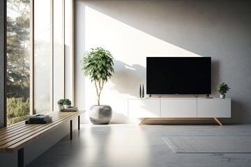 Television put on tv stand  wood table, in minimal empty spave room background white wall AI Generative
