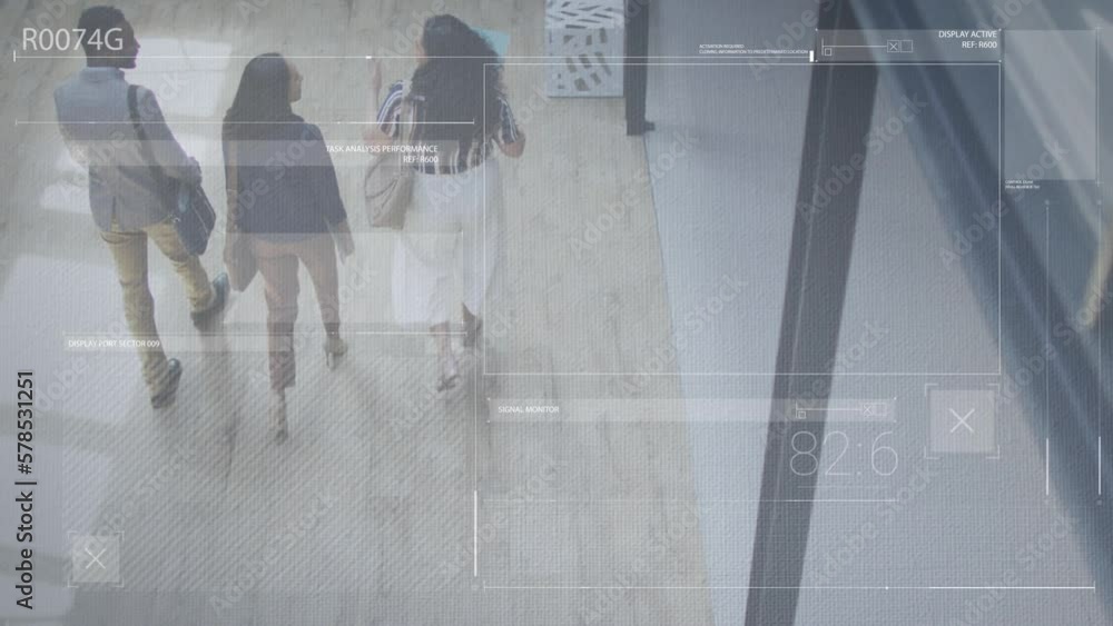 Poster animation of data processing against overhead view of diverse colleagues walking at office