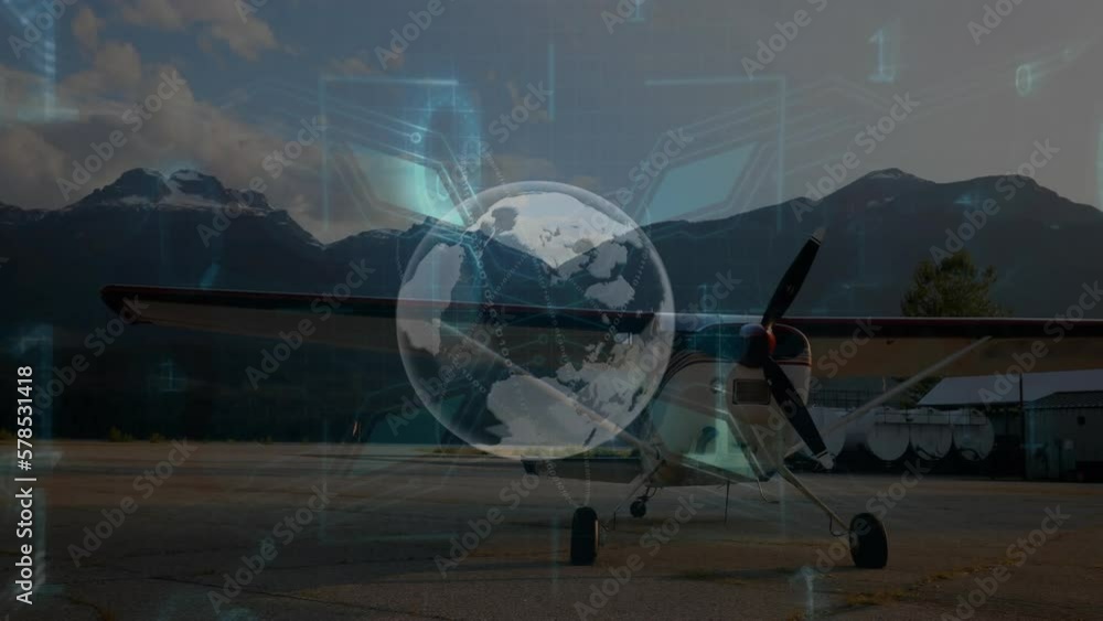 Poster animation of spinning globe and binary coding against airplane parked at an airport