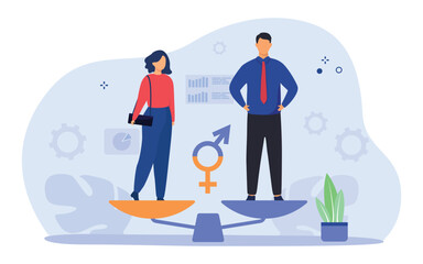 Gender equality concept. Equal business man and woman on balance scale.  Workforce without gender discrimination. Vector illustration.