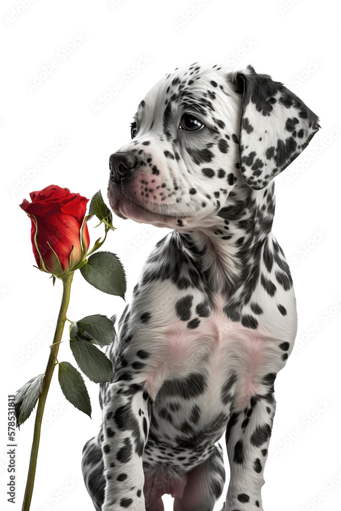Wall mural isolated cute Dalmatian puppy with roses, spring, illustration, transparent background, png, generative ai - Wall murals