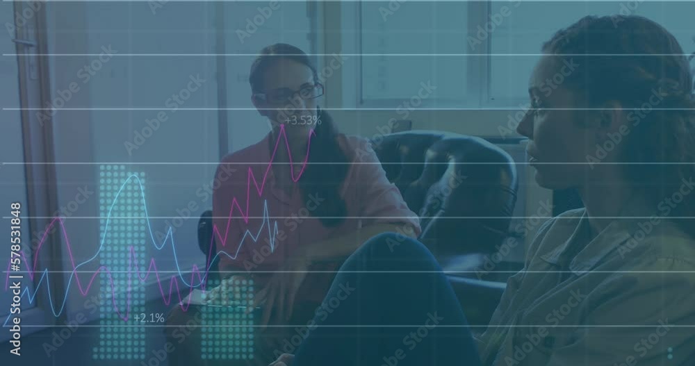Poster animation of statistical data processing against two diverse women discussing at office