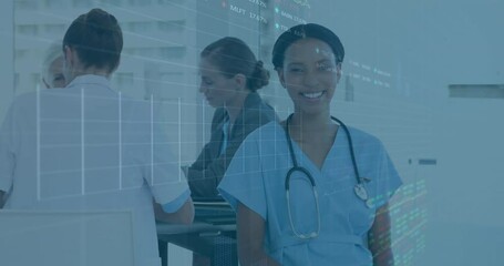 Animation of stock market data processing over african american health worker smiling at hospital - Powered by Adobe