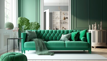 Large living room with green couch and cyan colors. Minimalist modern interior design for mockup. Generative AI.