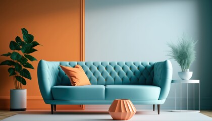 Obraz premium Large living room with blue couch and orange colors. Minimalist modern interior design for mockup. Generative AI.