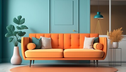 Large living room with orange couch and green colors. Minimalist modern interior design for mockup. Generative AI.
