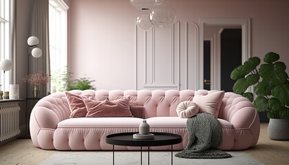 Large living room with pink couch and beige colors. Minimalist modern interior design for mockup. Generative AI.