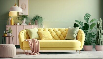 Large living room with yellow couch. Green and beige colors. Minimalist modern interior design for mockup. Generative AI.