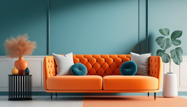 Large living room with orange couch and green colors. Minimalist modern interior design for mockup. Generative AI.