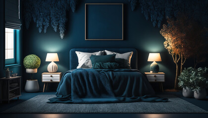 Home mockup, minimalist cozy dark blue bedroom interior. Generative AI.