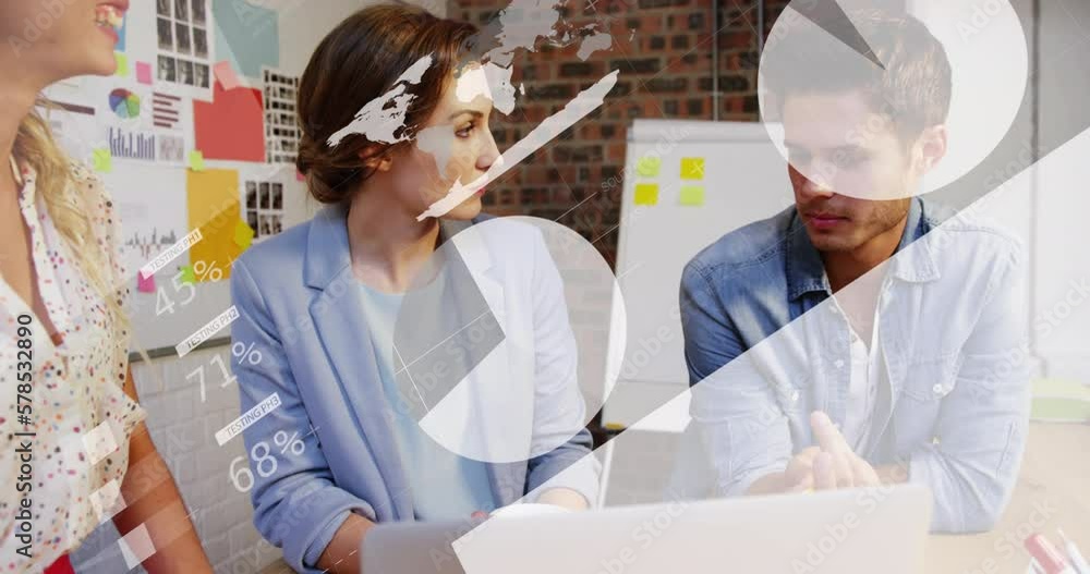 Poster animation of statistical data processing over diverse colleagues discussing over a laptop at office