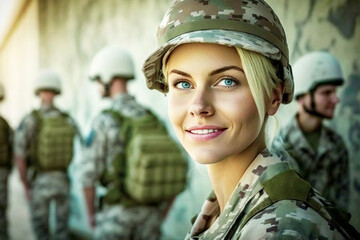 Fototapeta premium a young adult soldier in a soldier's uniform together with other soldiers in a soldier's uniform on a mission. Generative AI