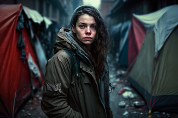 young sad adult woman stands in the rain amidst tents on a dark side street surrounded by tall buildings or walls in a city, fictional place and person. Generative AI