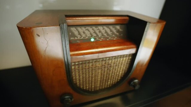 Old vintage wooden radio with tuner and display . High quality 4k footage