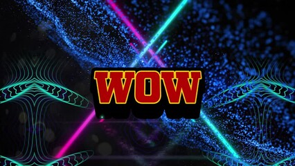 Animation of wow text banner over retro speech bubble against glowing light trails and digital wave - Powered by Adobe