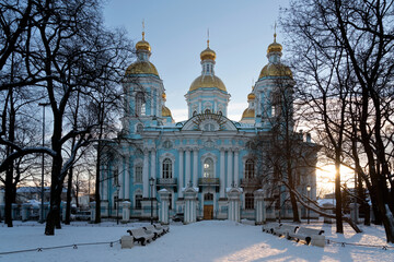 View of the Nikolo-Bogoyavlensky (Nikolsky) Naval Cathedral on a sunny winter day, St. Petersburg. Russia