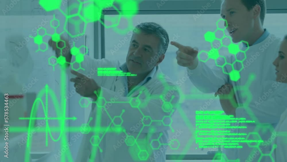 Poster animation of medical data processing over team of diverse scientists discussing at laboratory