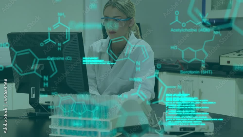Poster animation of medical data processing over caucasian female scientist using a computer at laboratory