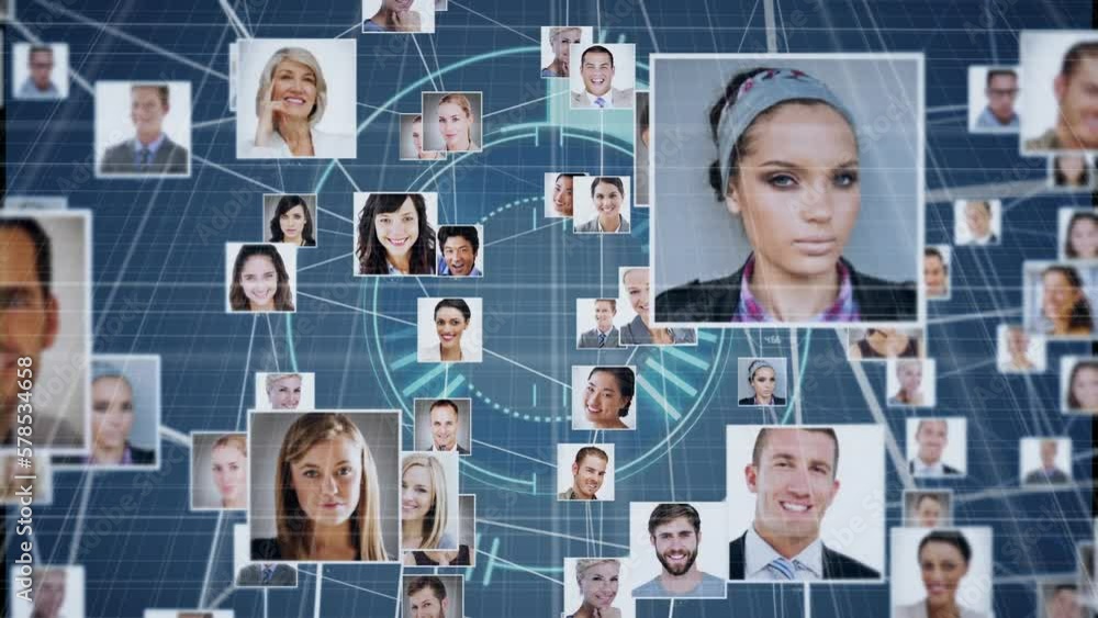 Poster animation of network of business profile icons and round scanner on grid network on blue background
