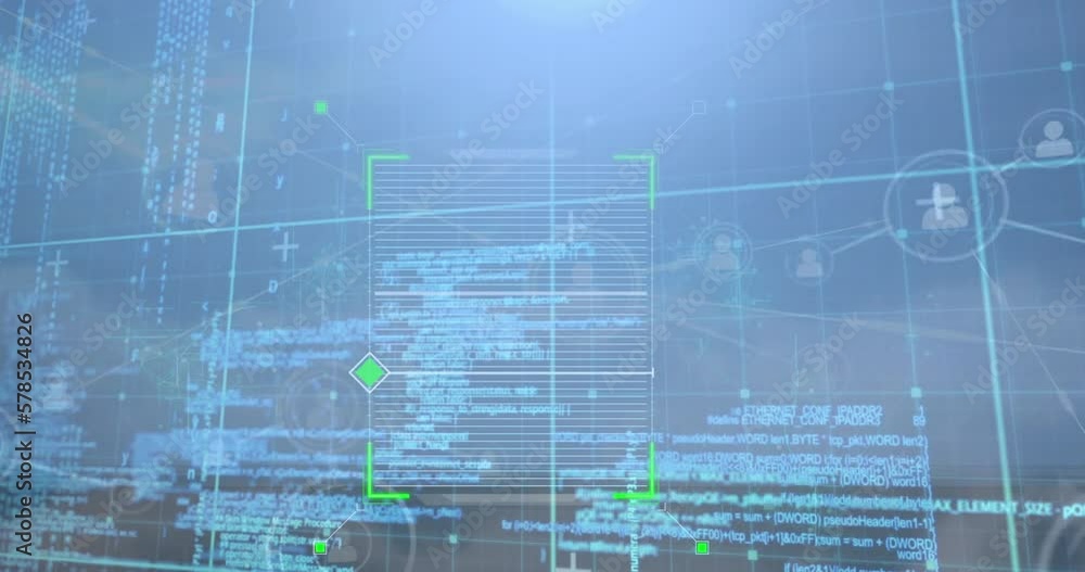 Poster animation of scope scanning over network of profile icons and data processing against blue sky