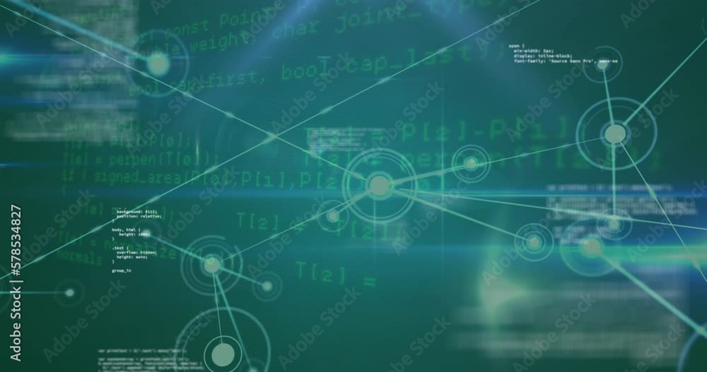 Poster animation of network of connections, data processing and blue light spot on green background