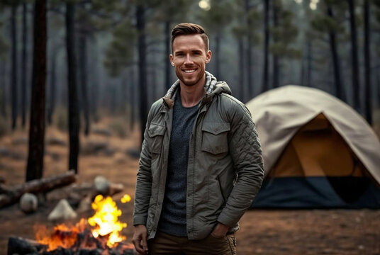 young adult man is outdoors in nature in the forest with a camping tent and a campfire, wearing a jacket, hiking or overnight stay as an adventure or for relaxation. Generative AI