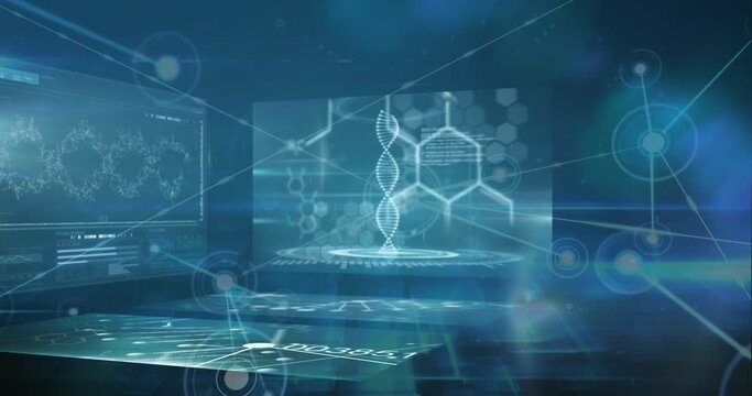 Animation of network of connections against screens with medical data processing on blue background