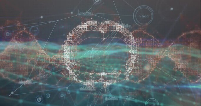 Animation of network of connections against spinning human brain icon and digital wave