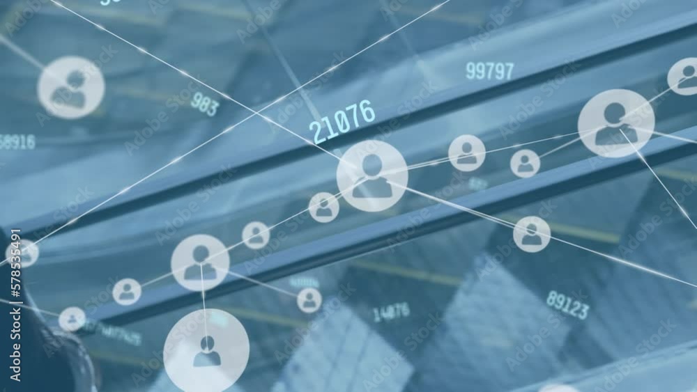 Poster animation of network of profile icons and changing numbers on diverse businesspeople using escalator