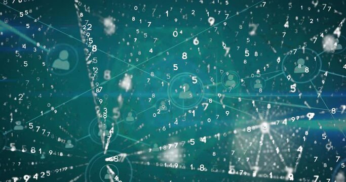 Animation of network of profile icons, binary coding and light spot against blue background