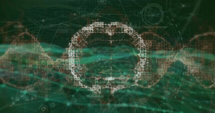 Animation of network of connections against spinning human brain icon and digital wave