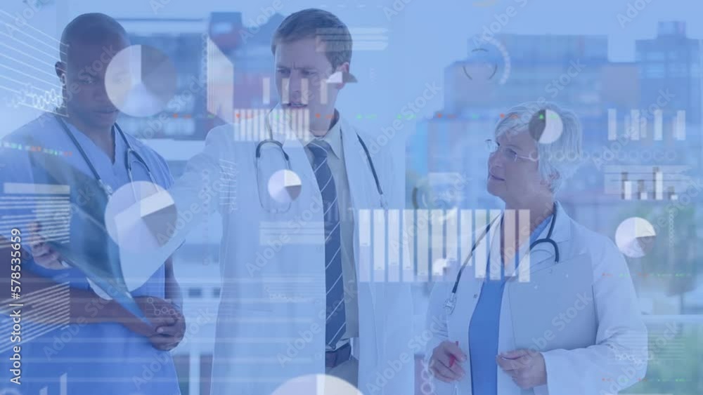 Poster animation of data processing over diverse team of doctors examining x-ray reports at hospital