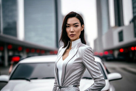 young adult multiethnic woman in elegant business suit and white car in a city on a street between skyscrapers, fictional place. Generative AI