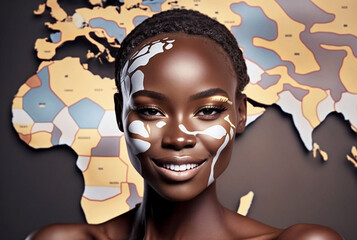 abstract makeup of an abstract map, afro american dark skinned young woman with makeup. Generative AI