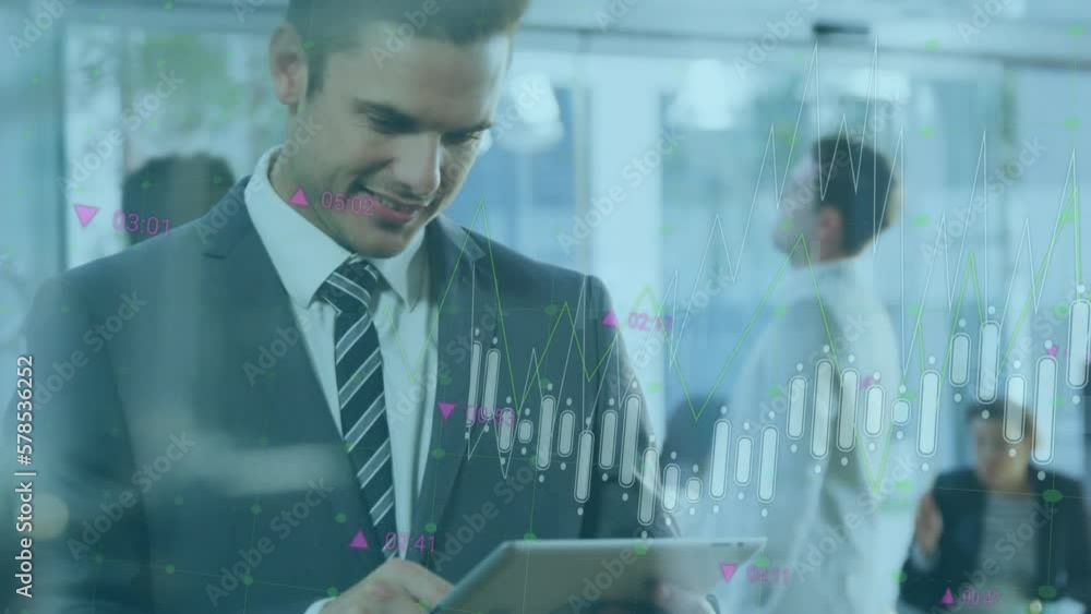Poster animation of data processing against caucasian businessman using digital tablet at office