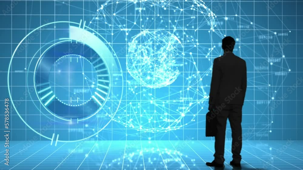 Poster animation of round scanner and rear view of businessman against globe of network of connections