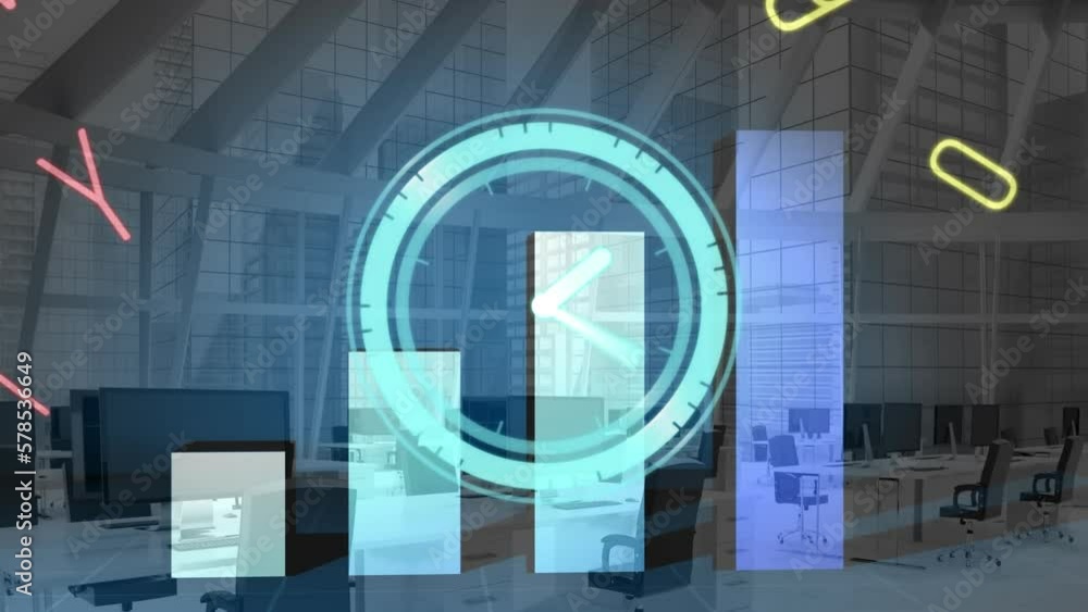 Aufkleber animation of neon ticking clock, graphs over changing alphabets and numbers against empty office