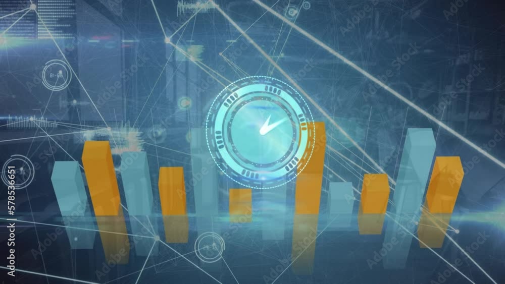 Aufkleber animation of ticking clock, graphs, network of connections and data processing on blue background