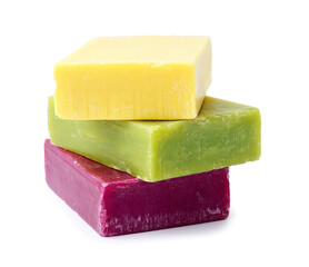 Colorful soap bars on white background