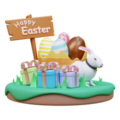 Happy Easter day with Easter eggs. Concept of Easter egg hunt. Creative holiday composition. Banner and poster. Brochure and flyer. Spring Easter 3D Rendering