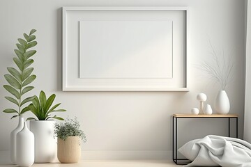 Obraz na płótnie Canvas Blank horizontal poster frame mock up in minimal white style living room interior, modern living room interior background, Ai generative.