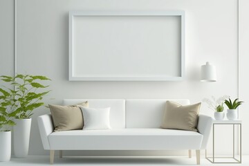 Fototapeta na wymiar Blank horizontal poster frame mock up in minimal white style living room interior, modern living room interior background, Ai generative.